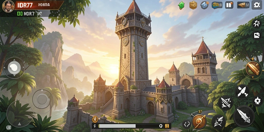 Screenshot utama menampilkan gameplay seru dari IDR77 dengan berbagai menara dan musuh.