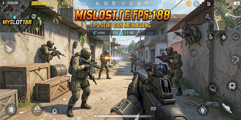 Screenshot utama MYSLOT188 menampilkan aksi menembak yang mendebarkan di lapangan tempur.
