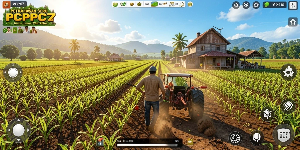 Tampilan gameplay <strong>PCPC7</strong> yang menampilkan ladang hijau dan hewan lucu.