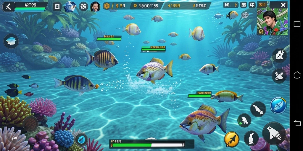 Tampilan screenshot RT99 menampilkan aksi menembak ikan yang seru dan penuh warna.