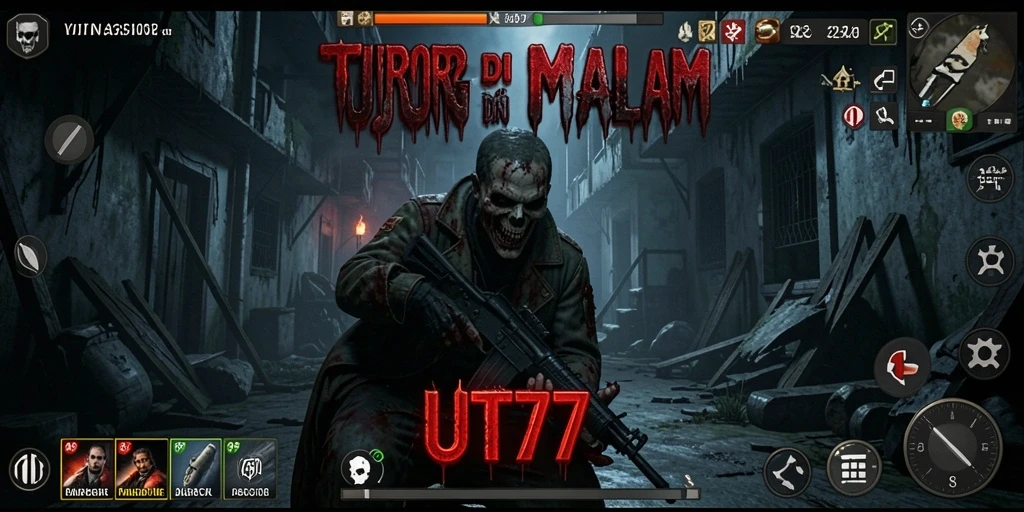 Screenshot utama UT77 menampilkan gameplay menegangkan di lingkungan gelap dan misterius.